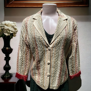 Chico's Size 1 Pure‎ SILK Blazer in Beige Fully Embroidered Stitch Button